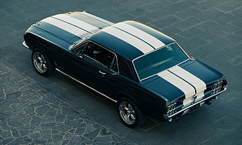 high angle view, classic car, vintage Ford Mustang, blue car, white racing stripes, overhead shot, vintage vehicle, classic Mustang, vintage Ford, classic automobile, vintage car