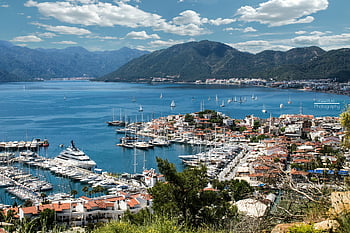 Portul Marmaris, iahturi, Barci cu panza, cer senin, Barci parcate, dig, vedere spre oraș, uimitoare vedere, malul mării, marina, munţi