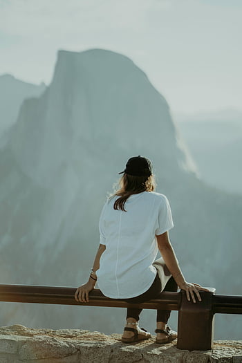 vrouw, Berg uitzicht, zonsondergang, Yosemite Nationaal Park, sereen, traliewerk, top, natuur, reizen, buitenshuis