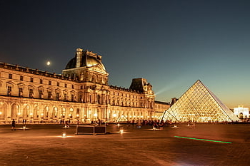 museum, pyramid, facade, illuminated, paris, france, mona Lisa, night