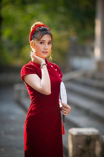 유행, Cheongsam, 여자, 손 부채, 베트남 사람, 아시아 사람, 빨간 치파오, 드레스, 아름다움, 아름다운, 예쁜