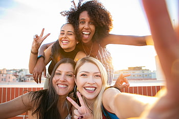 cheerful young women, diverse friends, V sign, rooftop selfie, sunset, positive moment, trendy, fun, cheerful, diverse, rooftop