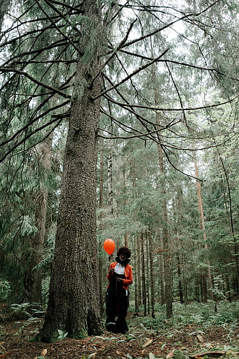 scary clown, red balloon, eerie forest, Halloween themes, creepy clown, spooky clown, forest setting, Halloween photo, scary clown photo, creepy clown photo, eerie atmosphere