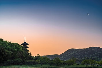 landscape, nature, five Storey Tower, before Sunrise, countryside, crescent Moon, kokubunji Temple, bitchubunji Temple, historic Monuments, spring, fresh Green
