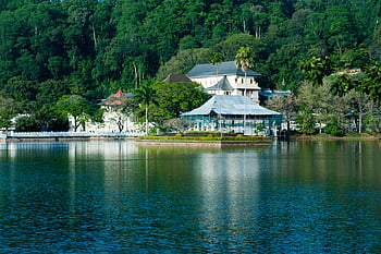kandy jezero, chrám zubu, svěží zeleň, klidný pohled, kandy, Srí Lanka, tělo z vody, dům u vody, tropické krajiny, kulturní památka, odraz