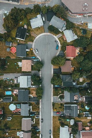 vue aérienne, Maisons, impasse de banlieue, tir à angle élevé, des arbres, des rues, quartier résidentiel, photographie aérienne, maisons de banlieue, aménagement du quartier, rues de banlieue