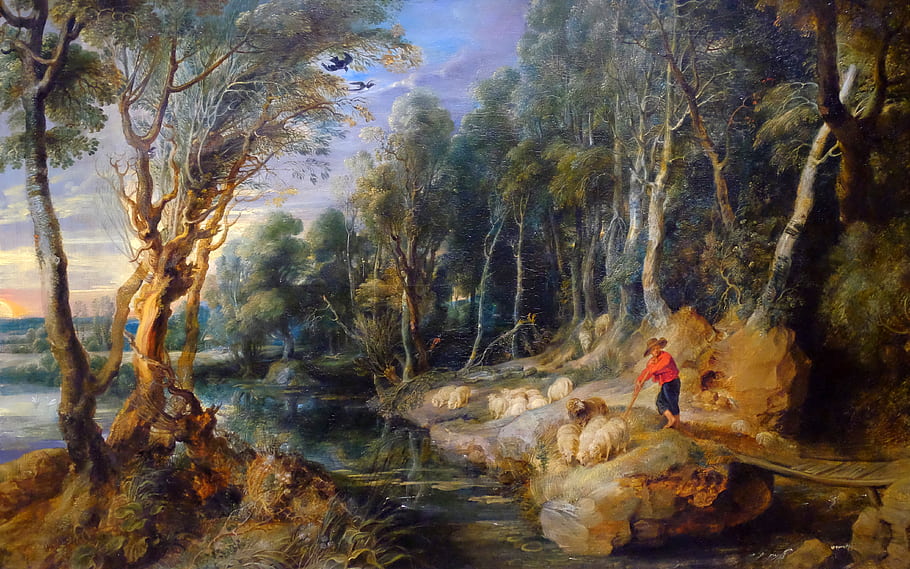 peter paul rubens, pastýř, stádo, Woody krajina, národní galerie, Londýn, umění, malování, stromy, ovce, proud