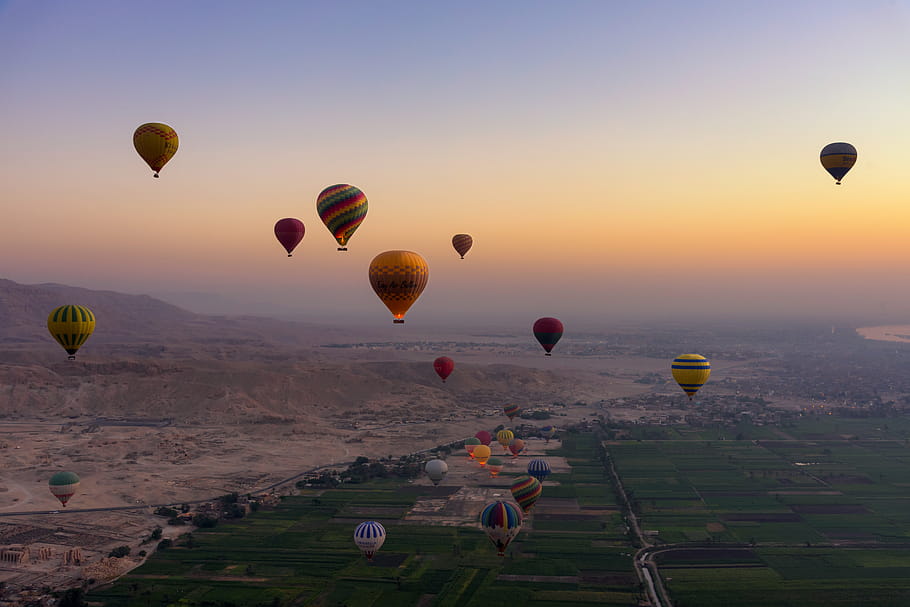 Egypt, údolí králů, horkovzdušný balón, svítání, Nil, řeka, poušť, krajina, cestovat, dobrodružství