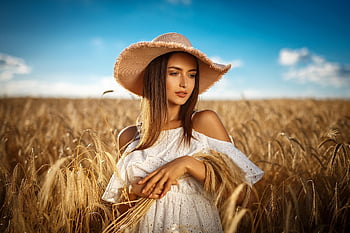 žena, Modelka, pole, čepice, Příroda, západ slunce, země