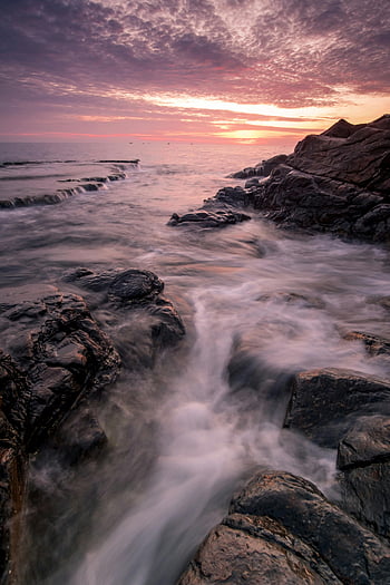 výhled na pobřeží, vlnobití, Skalní formace, zlatá hodina, západ slunce, Serene Seascape, tekoucí voda, pobřežní západ slunce, vlny oceánu, skalnaté pobřeží, přírodní krajina