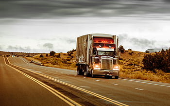 red and silver truck, asphalt road, desert highway, Nevada, USA, transportation themes, large truck, driving, highway, road, landscape