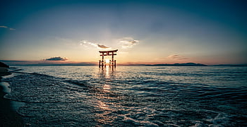 torii, lake, sunrise, waves, small Waves, coast, lakeshore, nature, sun, sunlight, dawn