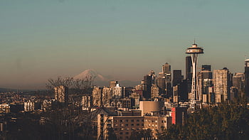 seattle skyline, rumnål, Mount Rainier, bybilledet, byudsigt, washington state, Stillehavet nordvest, downtown seattle, ikoniske vartegn, naturskøn udsigt, Arkitektoniske vartegn