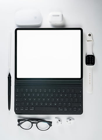 modern workspace setup, tablet with keyboard, smartwatch, tablet accessories, flat lay setup, tech accessories, product photography, workspace arrangement, minimalistic setup, tablet ecosystem, workspace technology