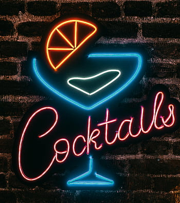 neon cocktails sign, vibrant neon, brick wall, night, Istanbul, Turkey, illuminated text signage, neon sign, cocktails, glowing, neon light
