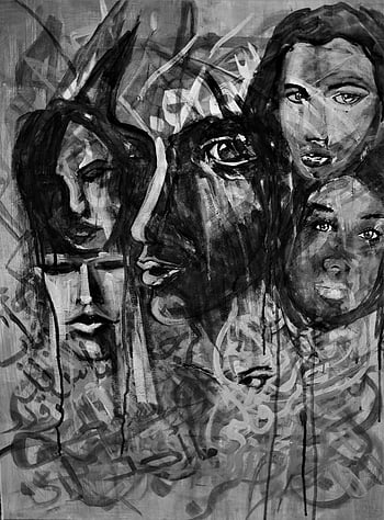 graffiti, faces, wall, abstract, black and white, multiple faces, street art, urban art, artistic expression, monochrome, mural