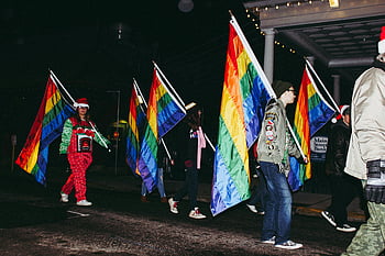 プライドパレード、 レインボーフラグ、 夜間行進、 カラフルな旗、 行進する人々、 喜びの表情、 LGBTQイベント、 夜のパレード、 虹色、 お祝いの雰囲気、 コミュニティのお祝い