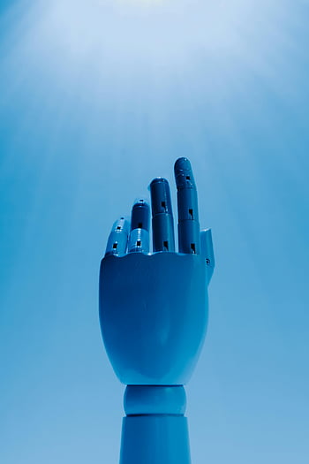robotic hand, blue background, futuristic technology, radiant blue sky, reaching out, robotic arm, advanced technology, modern robotics, sky backdrop, technological innovation, robotic prosthetic