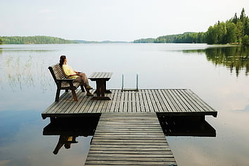 lake, platform, wooden Platform, woman, resting, relaxing, sitting, wooden Bench, wooden Table, calm, quiet