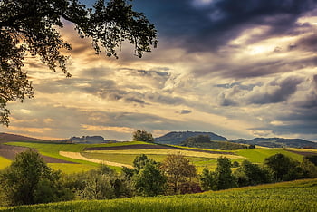 fields, hill, sunset, sky, clouds, farm, landscape, rural, countryside, nature, dusk