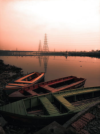 boats, river, nature, outdoors, travel, exploration, yamuna, sunset, lake, adventure, india