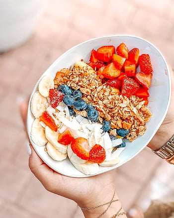 cibo, frutta, cereale, pasto, muesli, mirtilli, banane, fragole, prima colazione, salutare, piatto