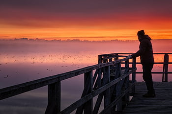 homme, jetée, silhouette, lever du soleil, brouillard, mystique, la nature, paysage
