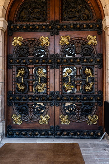 obloukový vchod, okrasná brána, dekorativní řezby, Dřevěné dveře oblouku, Složité kovové práce, Historický architektonický design, ozdobené dřevěné dveře, dekorativní vchod, historické dveře, architektonické detaily, Kovové řezby