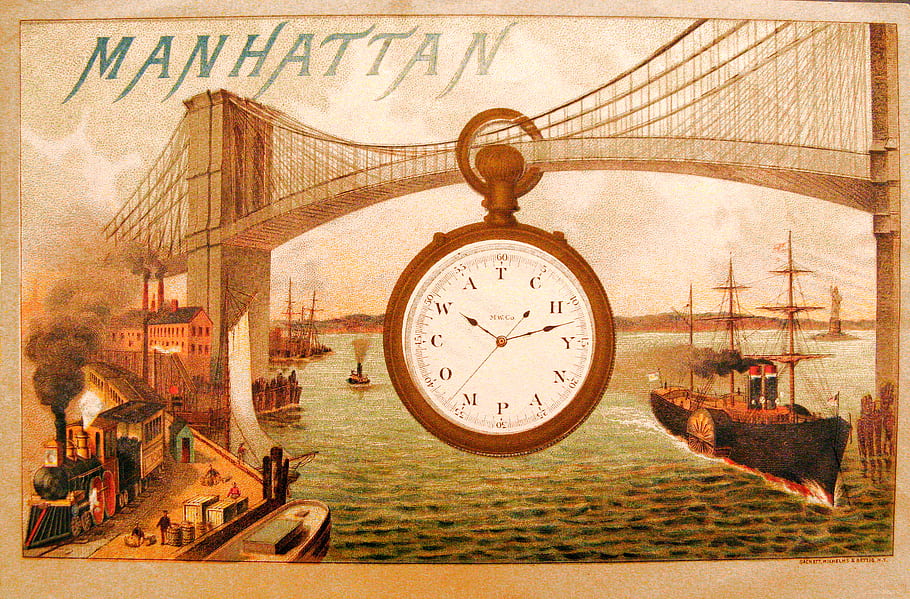 Manhattan, hodinky, co., obchod, karta, vinobraní, ilustrace, reklamní, loď, vlak