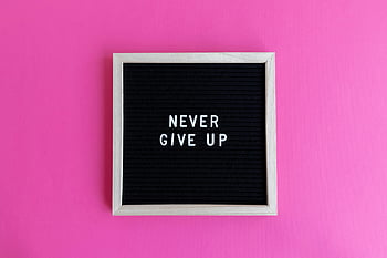 letter board, NEVER GIVE UP, motivational quote, pink background, framed letter board, vibrant pink, inspirational message, motivational sign, pink wall, black background, motivational board