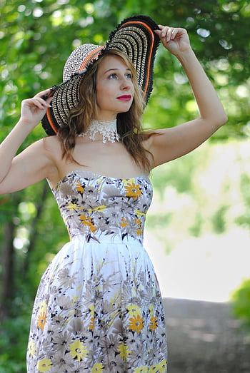 žena, Modelka, šaty, květinové tapety, čepice, les, bříza, země, krásné květiny, glade, Příroda