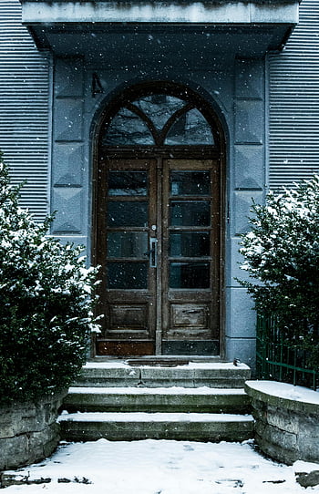 closed brown wooden door, charming wooden doorway, snow-covered door, winter scene, surrounding greenery, snowy entrance, arched wooden door, winter doorway, snowy steps, greenery in winter, snowy landscape