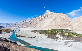 gunung, sungai, alam, pemandangan, aliran, lembah, pegunungan, langit biru, Ladakh, leh, jammu dan kashmir