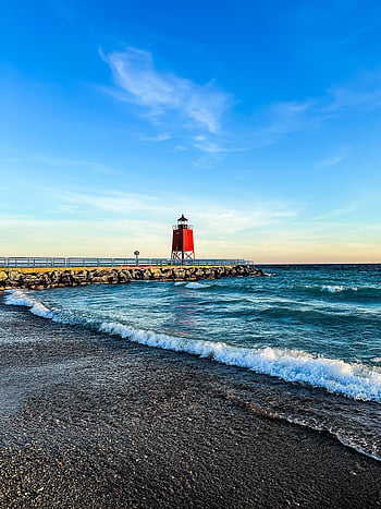 lake, nature, lake Michigan, lighthouse, sky, water, waves, pier, coast