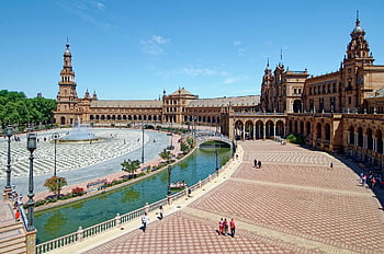 Španělsko, andalusie, seville, město, historické centrum, plaza de espana, náměstí, stavebního komplexu, budova, věže, fasáda