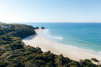byron bay, písečné pobřeží, zelené vegetace, klidný letecký pohled, Malebné pobřeží, Austrálie, pláž, oceán, tropický, krajina, Příroda