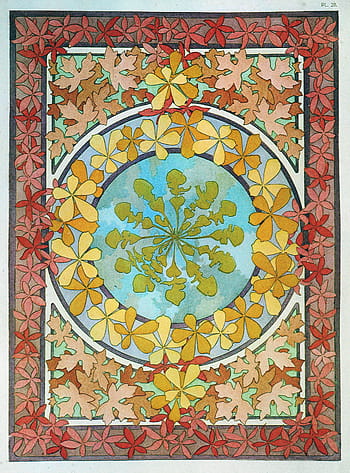 Alphonse Mucha, Art Nouveau, high resolution, Documents Decoratifs, 1902, floral design, circular pattern, decorative art, vintage illustration, autumn leaves, red flowers