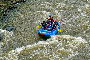 oppblåsbar båt, rafting, Cikidang, Vest-Java, teamarbeid, grovt vann, voksne, elv, eventyr, utendørsaktivitet, padling