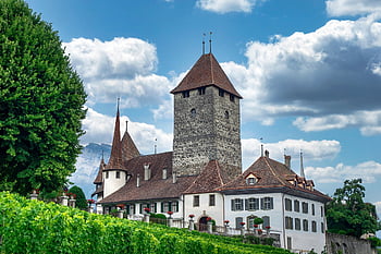 spiez Castle, castle, building, landmark, spiez, switzerland, historic, tower, landscape, mansion, architecture