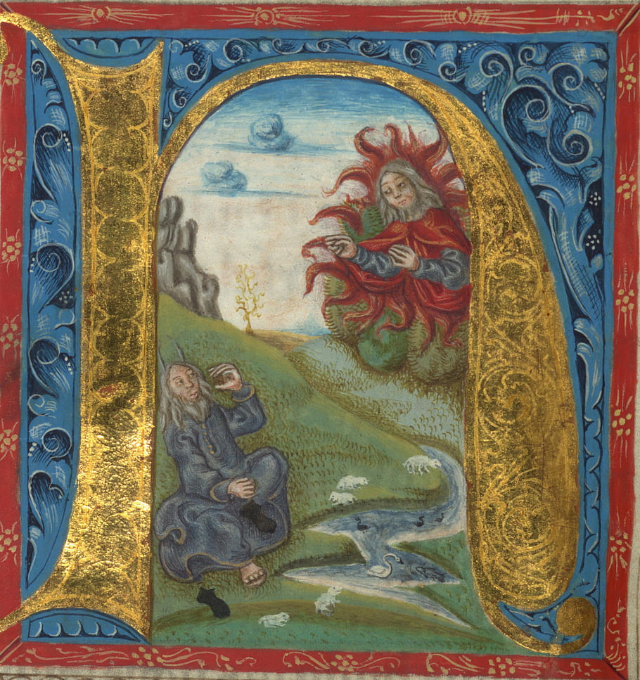 Iluminovaný rukopis, bible, moses, hořící keř, Rukopis Walters, 16. století, gotický, miniaturní, Historizovaný počátek, středověký, umění