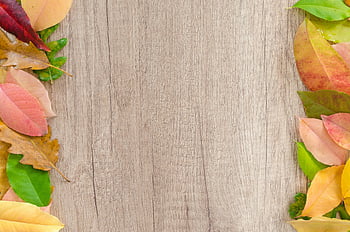 foglie d'autunno, foglie vibranti, superficie di legno, bellezza stagionale, confine naturale, foglie colorate, Scena autunnale, disposizione delle foglie, tavolo di legno, decorazione autunnale