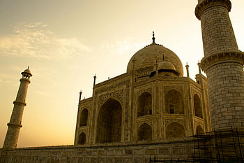Taj Mahal, nízký úhel záběru, soumrak, západ slunce, Kultovní minarety, Majestátní krása, Indie, agra, historická památka, Architektonický zázrak, světového dědictví UNESCO