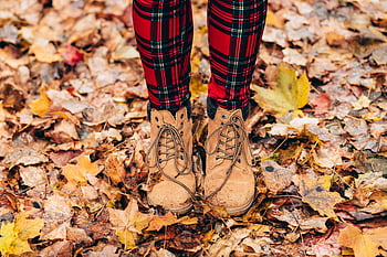 Brown Timberland Work Boots, autumn leaves, seasonal fashion, close-up boots, vibrant leaves, fall fashion, outdoor style, casual footwear, fall outfit, nature walk, autumnal scene