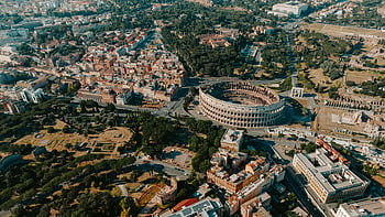 colosseo, Roma, Italia, vista aerea, angolo alto, anfiteatro, paesaggio urbano, iconico, vivace, antico, architettura