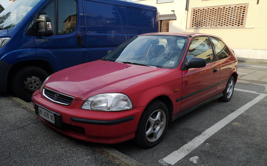 honda, občanské, auto, Červené, zaparkováno, vozidlo, poznávací značka, kompaktní, sedan, ulice, parkoviště