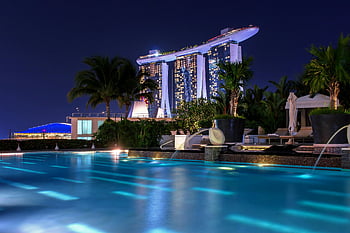 marina bay sands, singapore, Osvětlený hotel, noční panorama, bazén, Kultovní panorama, Singapurské městské panoráma, luxusní hotel, noční výhled, palmy, nábřeží