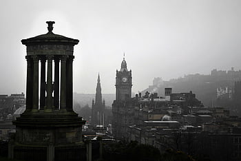 Calton Hill, Edinburgh, historic monuments, grey skies, scenic view, Dugald Stewart Monument, cityscape, Scotland, urban landscape, historic architecture, misty day
