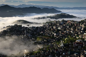landscape, city, morning, cityscape, church, tourism, nature, sunrise, india, mizoram, haze