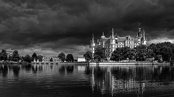 castle, architecture, weather, storm, city, schwerin, lake, black-and-white, monochrome, historical, thunderstorm
