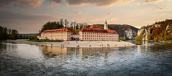 Donauschlucht, Schloss, weltenburg, fallen, Donau, Vorabend, Dämmerung, Landschaft, Natur, Himmel, Wasser